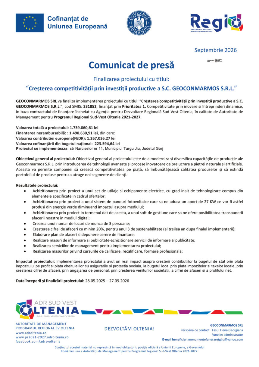 Press release header page with EU flag, Romanian government seal, REGIO logo, and Romanian text announcing the project finalization (September 2026).