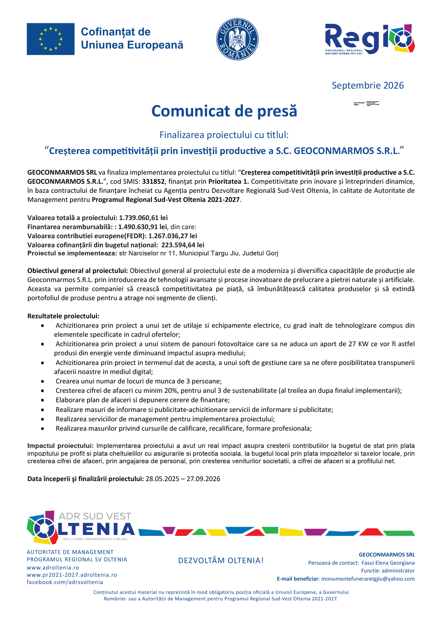 Press release header page with EU flag, Romanian government seal, REGIO logo, and Romanian text announcing the project finalization (September 2026).