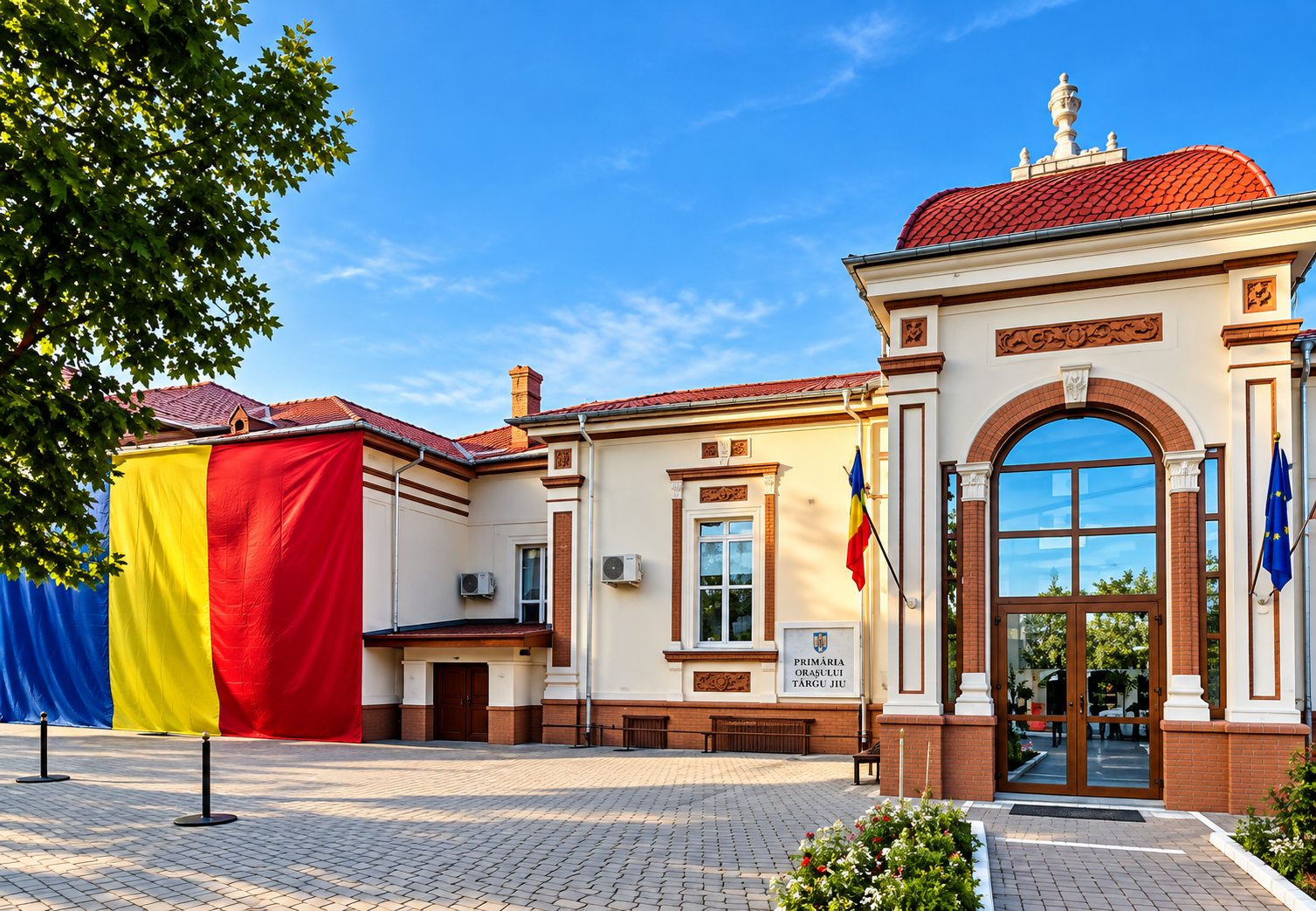 Municipal building with a large vertical Romanian flag banner on the left, red-tiled roof, glass arched entrance, and clear blue sky.