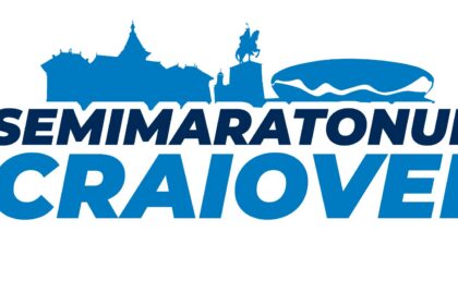 Logo for Semimaratonul Craiovei featuring a blue city skyline and an equestrian statue on a pedestal above bold text.