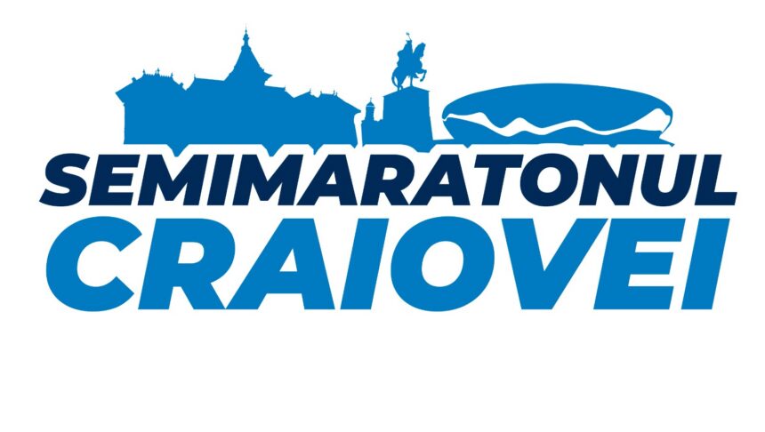 Logo for Semimaratonul Craiovei featuring a blue city skyline and an equestrian statue on a pedestal above bold text.