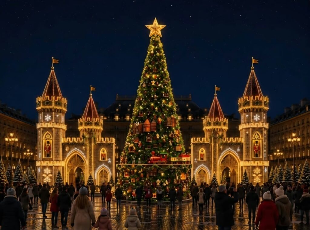 12 - Jurnalul Olteniei – Știri din Craiova și Oltenia Night scene of a large, illuminated Christmas tree in a grand plaza, with castle-like towers on either side and a crowd gathered nearby.