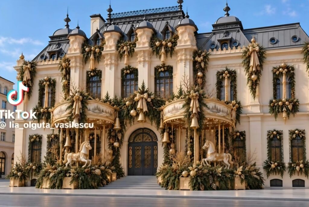 15 - Jurnalul Olteniei – Știri din Craiova și Oltenia Festive facade of a grand European-style building adorned with gold garlands, ribbons, and evergreen decorations along its windows and entrance, with gold horse statues on the steps. TikTok watermark visible on the left.