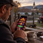Man outdoors at a rustic wooden table, playing a mobile slot game on his smartphone with 'BIG WIN' on screen, beer bottle and mug nearby, farm setting in background with tractor and dog.