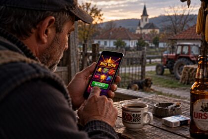 Man outdoors at a rustic wooden table, playing a mobile slot game on his smartphone with 'BIG WIN' on screen, beer bottle and mug nearby, farm setting in background with tractor and dog.