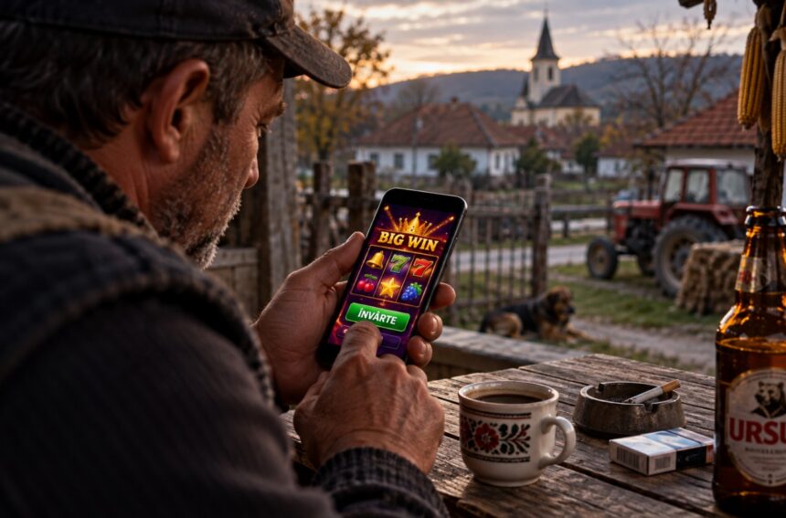 Man outdoors at a rustic wooden table, playing a mobile slot game on his smartphone with 'BIG WIN' on screen, beer bottle and mug nearby, farm setting in background with tractor and dog.