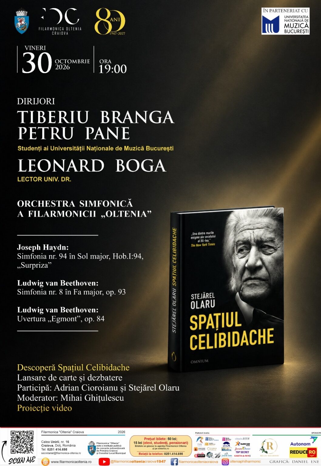 Poster advertising a classical music evening in Craiova with Tiberiu Branga and Leonard Boga, Oltenia Philharmonic Orchestra, and a book launch for Spatiul Celibidache; date Oct 30, 2026 at 19:00.