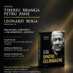 Poster advertising a classical music evening in Craiova with Tiberiu Branga and Leonard Boga, Oltenia Philharmonic Orchestra, and a book launch for Spatiul Celibidache; date Oct 30, 2026 at 19:00.