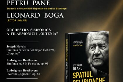 Poster advertising a classical music evening in Craiova with Tiberiu Branga and Leonard Boga, Oltenia Philharmonic Orchestra, and a book launch for Spatiul Celibidache; date Oct 30, 2026 at 19:00.