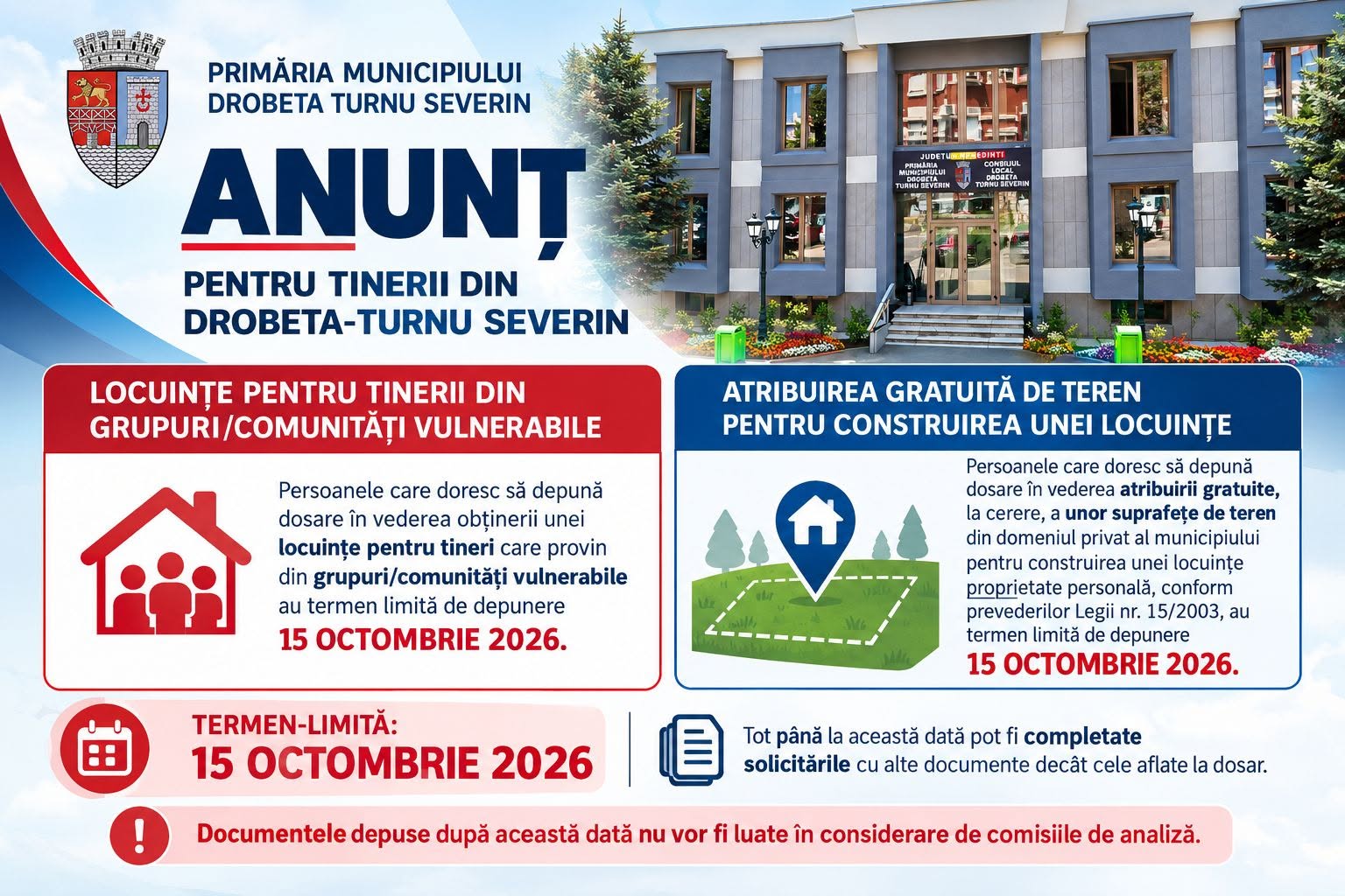 Severin: Termen-limită pentru locuințe și terenuri destinate tinerilor