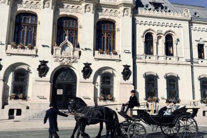 Horse-drawn carriage with a driver and two passengers in formal attire, pulled by a black horse in front of an ornate white stone building with arched windows and decorative details under a clear blue sky.