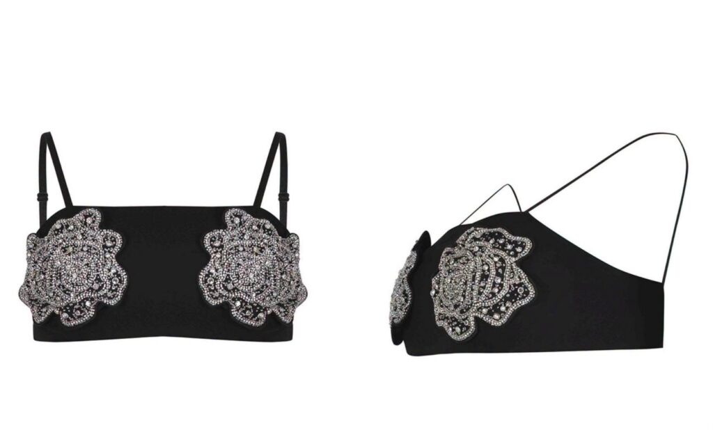 844024578_1665531411892973_6134723984464052703_n - Jurnalul Olteniei – Știri din Craiova și Oltenia Black bra with ornate silver beaded floral appliques on the cups, shown from front and side views.