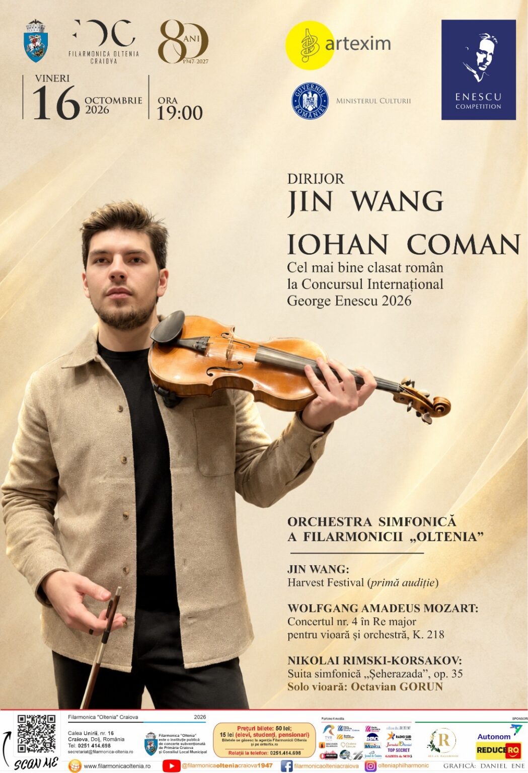 Poster advertising a classical concert by conductor Jin Wang and violinist Iohan Coman, with Romanian winner of the George Enescu 2026 competition and the Oltenia Philharmonic Orchestra, plus sponsor logos.