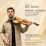 Poster advertising a classical concert by conductor Jin Wang and violinist Iohan Coman, with Romanian winner of the George Enescu 2026 competition and the Oltenia Philharmonic Orchestra, plus sponsor logos.