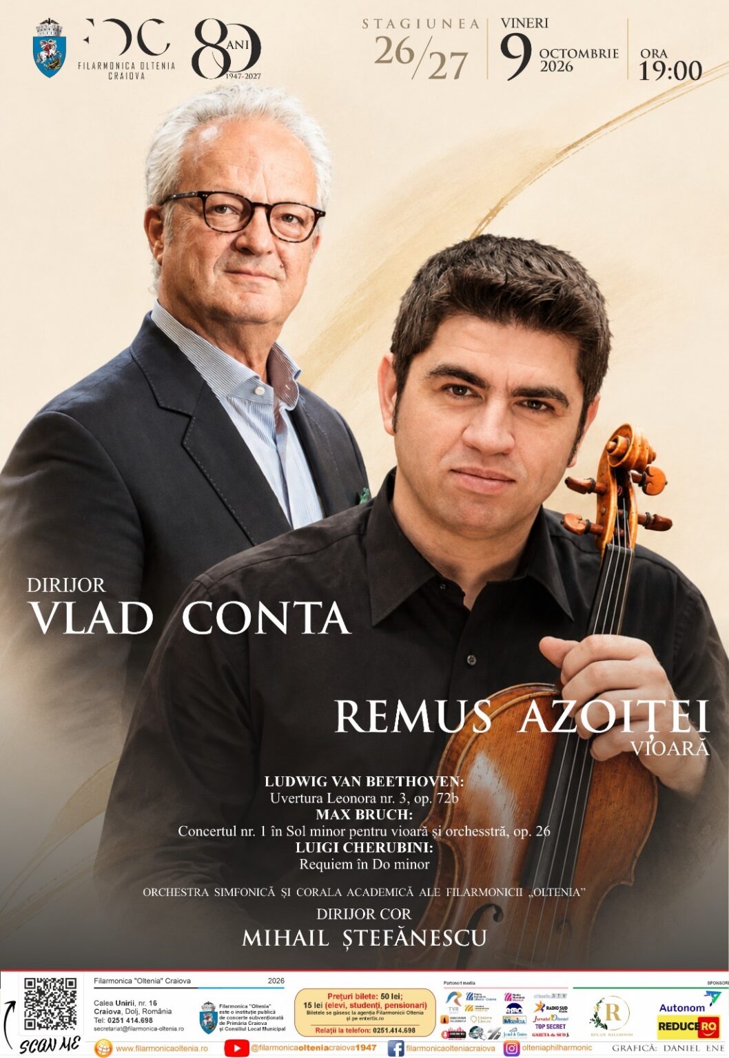 Poster for a classical concert featuring two male musicians: an older conductor in a suit with glasses standing behind a younger violinist holding a violin and bow, on a beige background with event text.