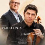 Poster for a classical concert featuring two male musicians: an older conductor in a suit with glasses standing behind a younger violinist holding a violin and bow, on a beige background with event text.