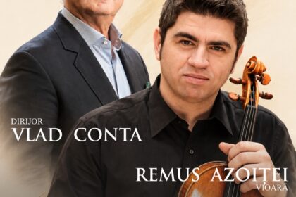 Poster for a classical concert featuring two male musicians: an older conductor in a suit with glasses standing behind a younger violinist holding a violin and bow, on a beige background with event text.