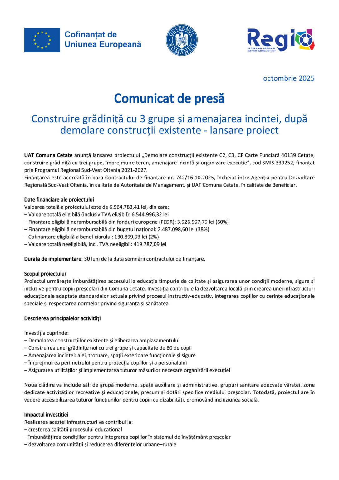 Comunicát de presă: titlu în română, cu logo UE, guvern României și Regio, octombrie 2025