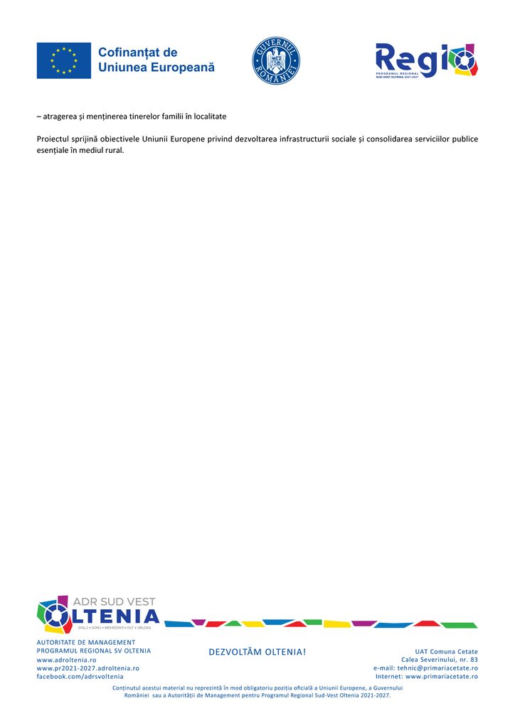 EU flag and three logos (Romanian government and Regio) on a white page header, with Oltenia regional project branding at bottom
