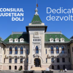 Front view of a grand civic building with a green roof and steps, under a blue sky; white Romanian text on the facade reads “CONSILIUL JUDETEAN DOLJ” and “Dedicat dezvoltării.”