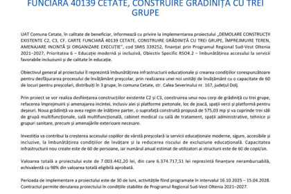 Press release header with EU and government logos and the title 'Comunicat de presă' about demolishing existing structures.
