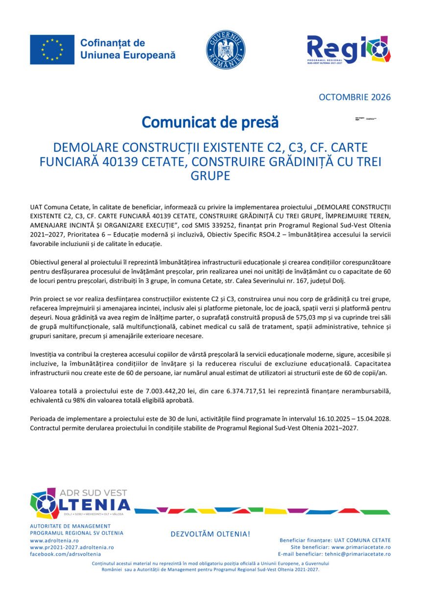Press release header with EU and government logos and the title 'Comunicat de presă' about demolishing existing structures.