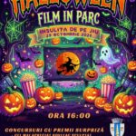 Poster colorat de Halloween pentru un film în parc: dovleci ciupați, fantome, lilieci și textul 'Halloween Film in Parc', data 29 octombrie 2026, ora 16:00.