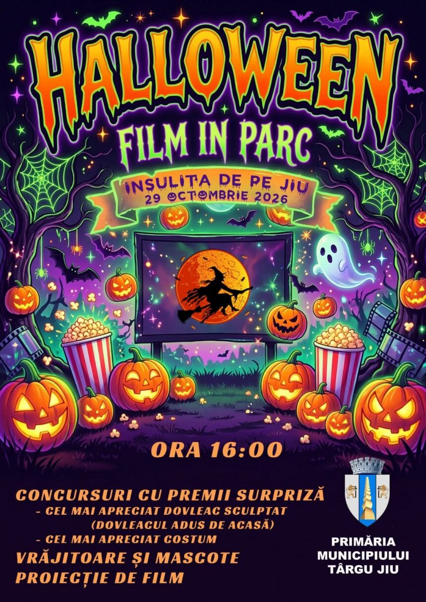 Poster colorat de Halloween pentru un film în parc: dovleci ciupați, fantome, lilieci și textul 'Halloween Film in Parc', data 29 octombrie 2026, ora 16:00.