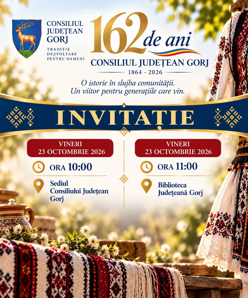 Invitation poster for the Gorj County Council anniversary event on Oct 23, 2026, with times 10:00 and 11:00 at different locations (Gorj County Council and Gorj County Library).