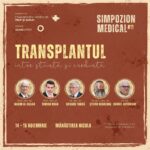 Poster for a medical symposium titled 'Transplantul între știință și credință' with five headshots, on a vintage brown background; date: 14–15 Noiembrie, at Mănăstirea Nicula.