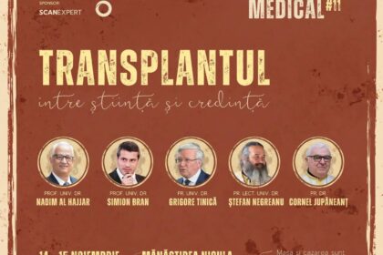 Poster for a medical symposium titled 'Transplantul între știință și credință' with five headshots, on a vintage brown background; date: 14–15 Noiembrie, at Mănăstirea Nicula.