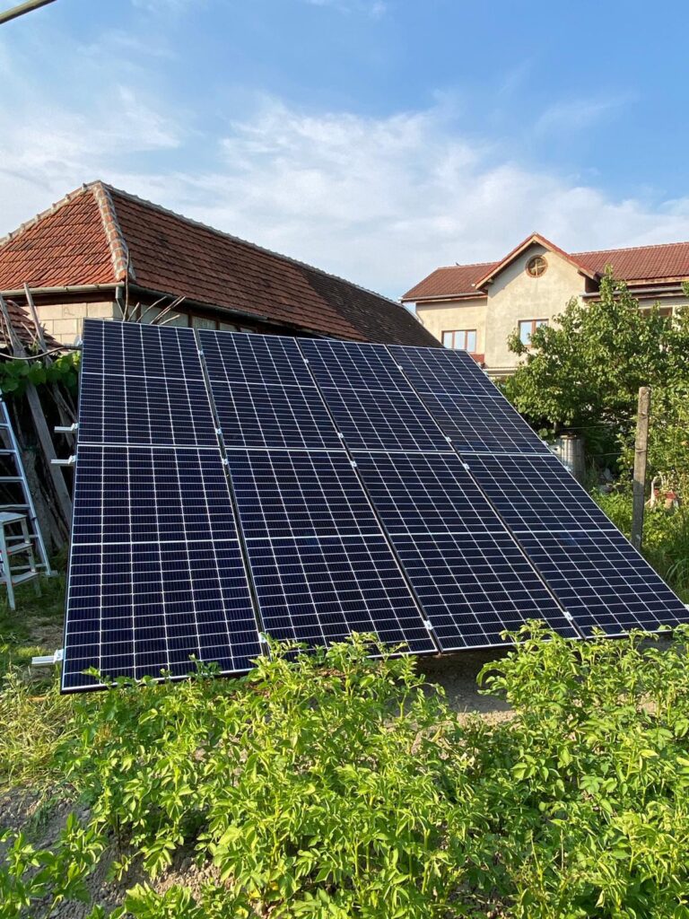 Rows of dark blue solar panels tilted on a metal frame in a sunny backyard with houses and trees in the background.