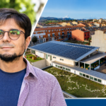 Portrait of a man with glasses on the left; a solar-equipped building and town on the right.