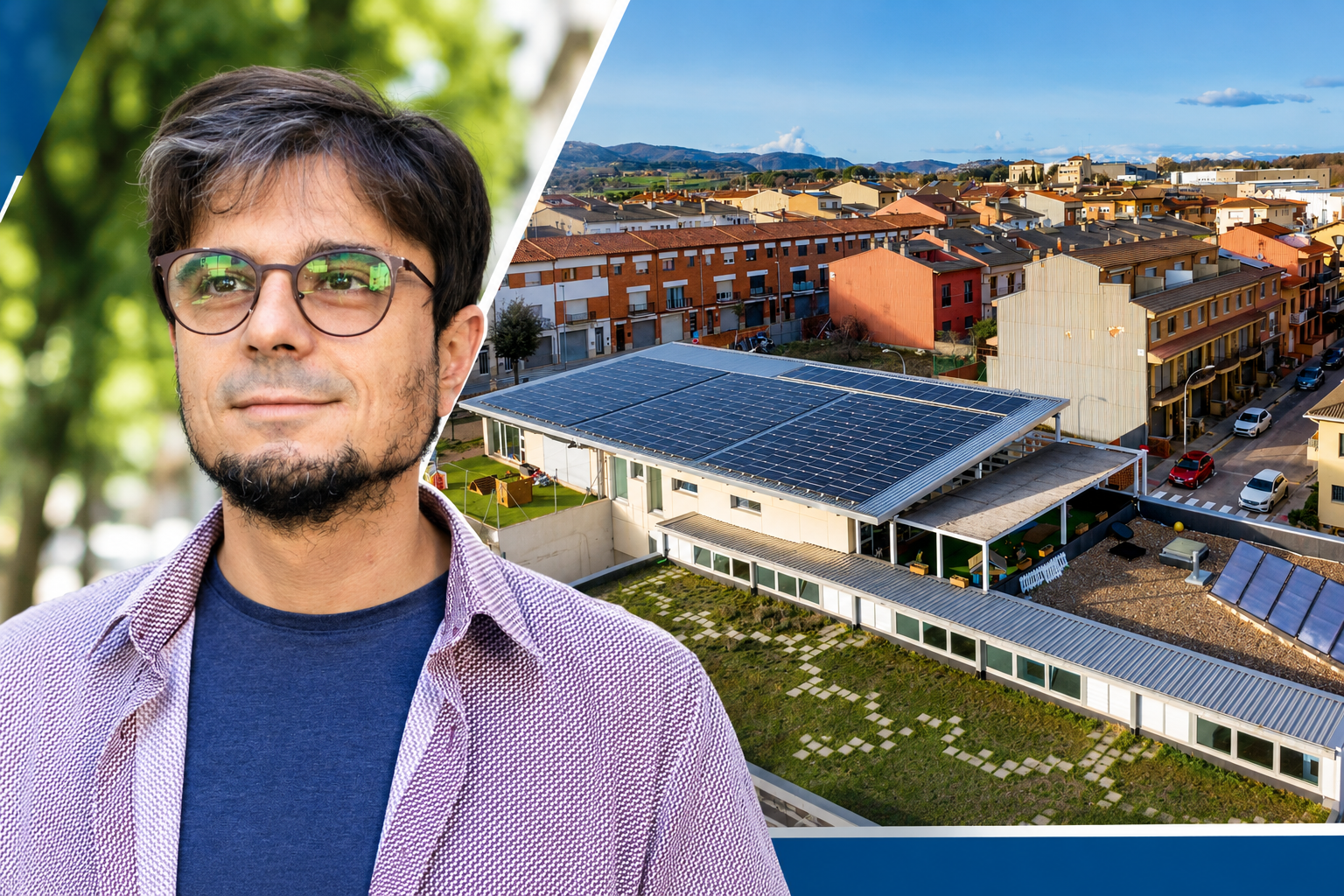 Portrait of a man with glasses on the left; a solar-equipped building and town on the right.