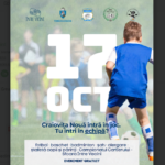 Event poster for Craiova kids’ sports day on 12 Oct with football, basketball, badminton, chess; free entry; child in blue uniform kicking a ball.