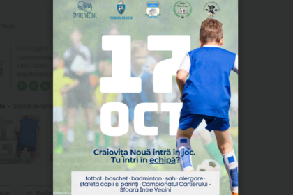 Event poster for Craiova kids’ sports day on 12 Oct with football, basketball, badminton, chess; free entry; child in blue uniform kicking a ball.