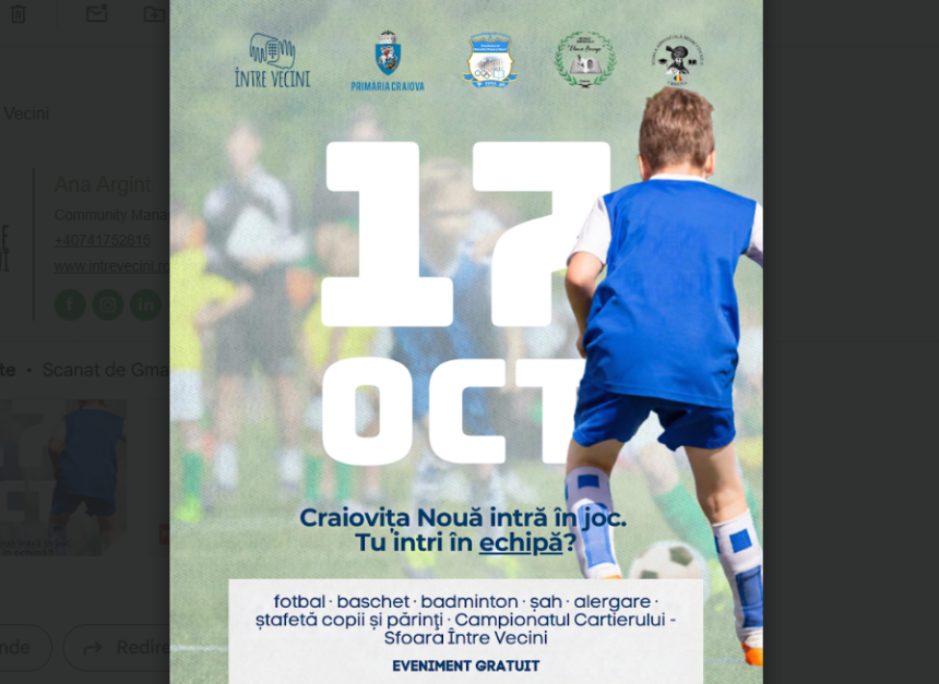 Event poster for Craiova kids’ sports day on 12 Oct with football, basketball, badminton, chess; free entry; child in blue uniform kicking a ball.