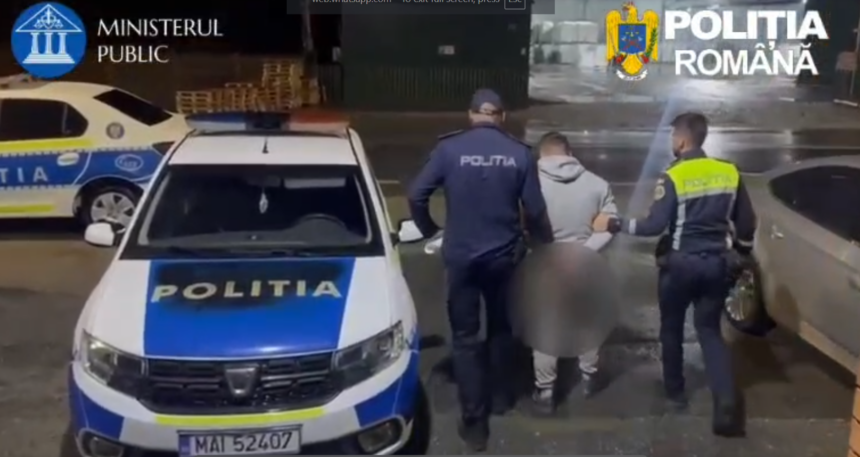Nighttime street scene of Romanian police detaining a handcuffed suspect, with officers and a marked POLITIA car nearby.