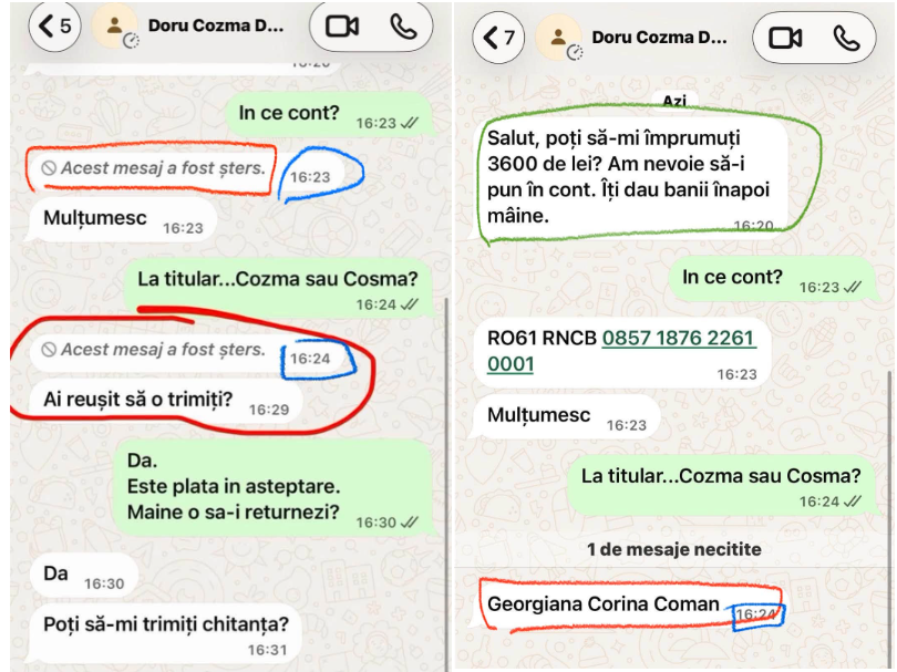 Two WhatsApp chat screenshots in Romanian: a deleted message notice circled, timestamps highlighted, and a separate thread discussing a money transfer.