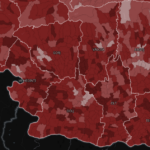 Choropleth map of southern Romania with counties shaded in dark red and white borders.