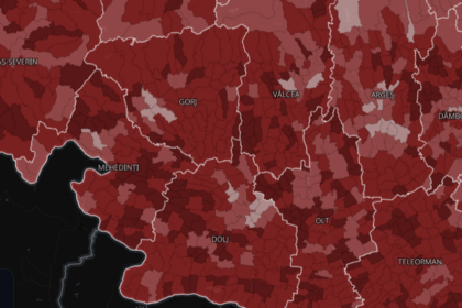 Choropleth map of southern Romania with counties shaded in dark red and white borders.