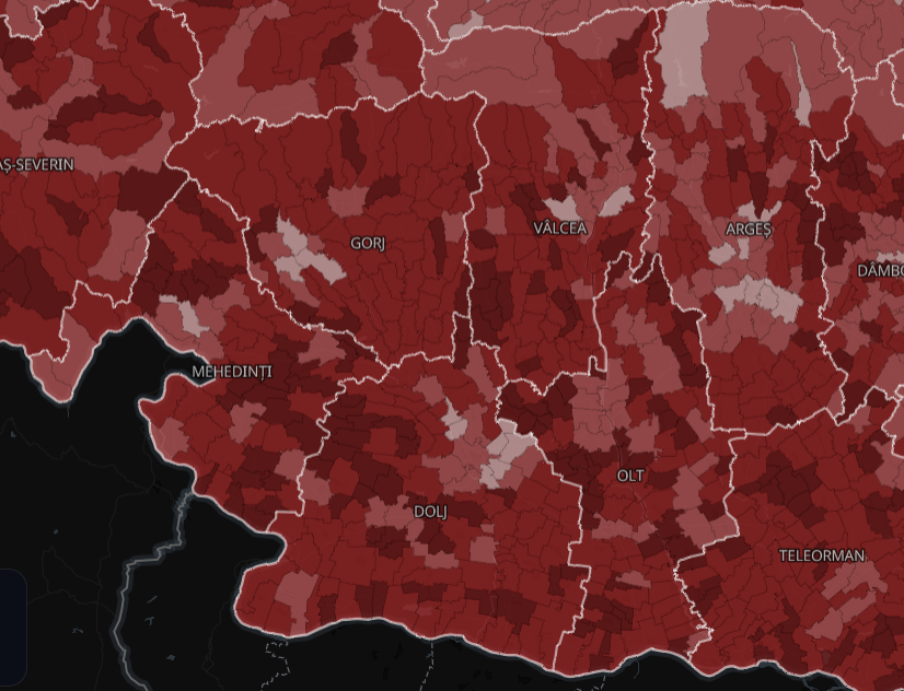 Choropleth map of southern Romania with counties shaded in dark red and white borders.