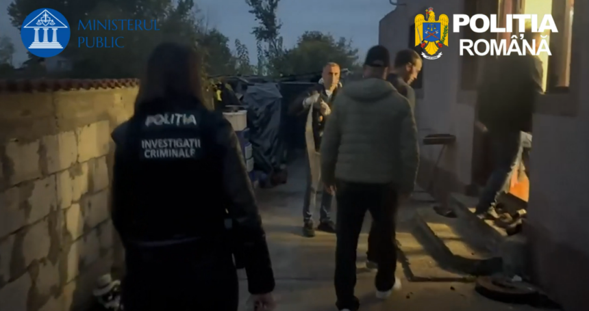 Romanian police investigators in a dim alley, discussing amid debris, with logos of Ministerul Public and Politia Romana in the frame.