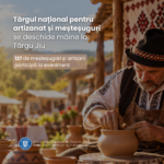 Potter shaping clay at a craft fair in Târgu Jiu; banner announces the national artisans fair with 127 participants.