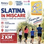 Poster for Slatina In Mișcare: a 2 km charity family run, Oct 3, 2026, 10:00, Pădurea Strehareți, Slatina; tagline 'Fiecare pas contează!'