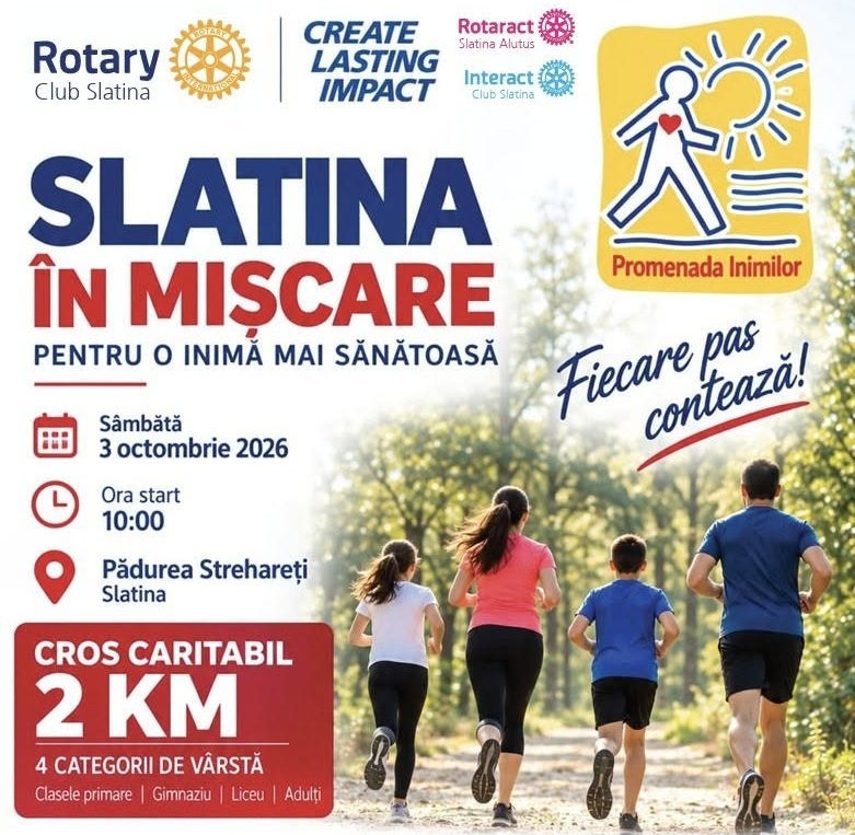 Poster for Slatina In Mișcare: a 2 km charity family run, Oct 3, 2026, 10:00, Pădurea Strehareți, Slatina; tagline 'Fiecare pas contează!'