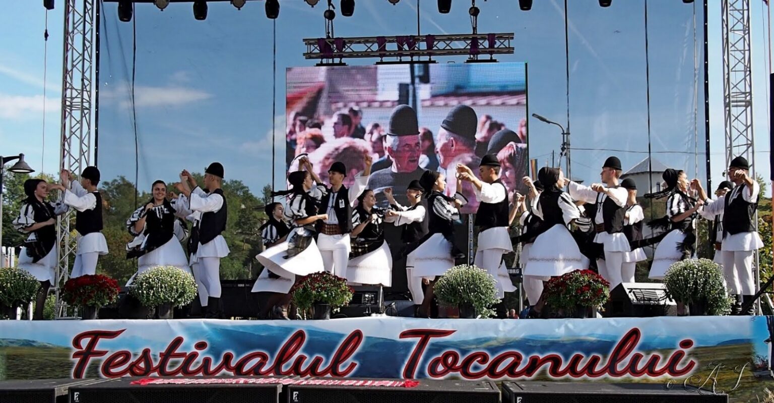 Group of dancers in traditional black-and-white outfits performing a folk dance on an outdoor festival stage with a banner reading Festivalul Tocanului.