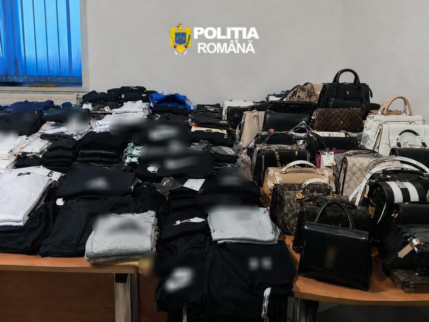 Room filled with stacks of folded clothes and numerous handbags laid out on tables, police emblem 'Politia Romana' on the wall above.