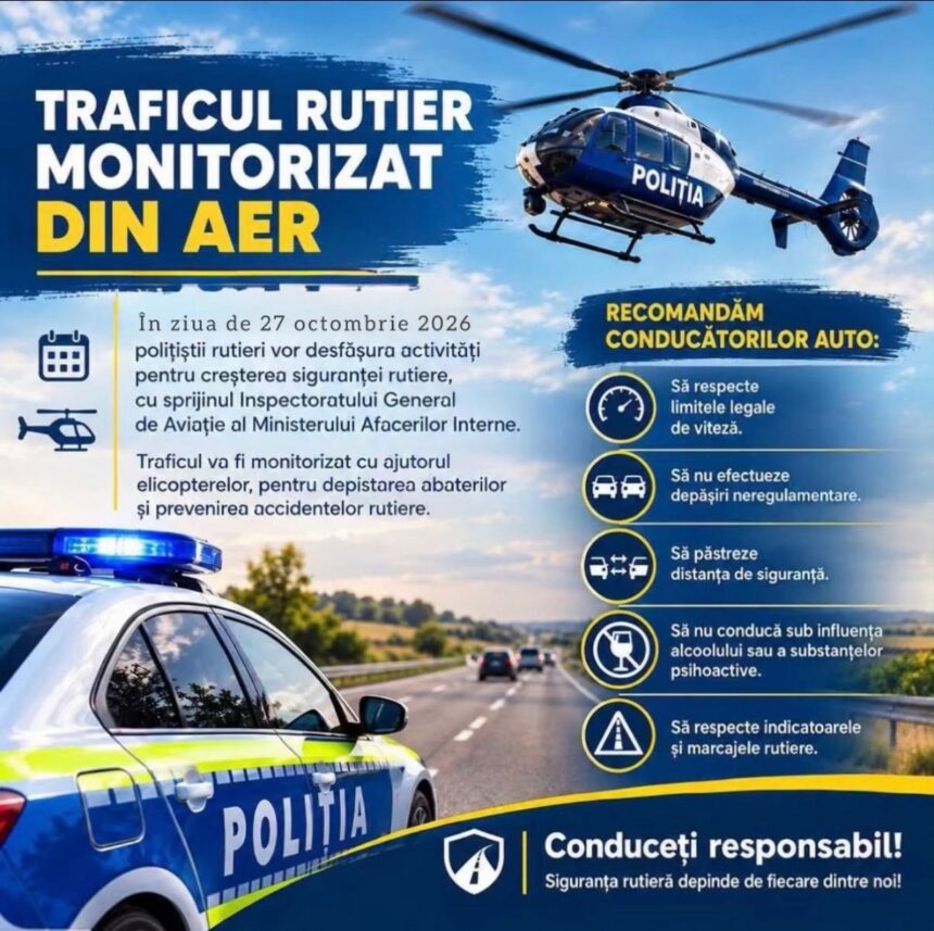 Road-safety poster featuring Romanian police car and helicopter with bold blue and yellow text, promoting responsible driving.