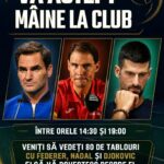 Poster promotional image with the Romanian headline 'Vă aștept mâine la club' and three athlete portraits below.